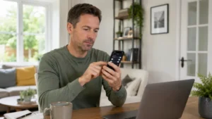 UK adult managing and blocking unwanted marketing calls on a smartphone