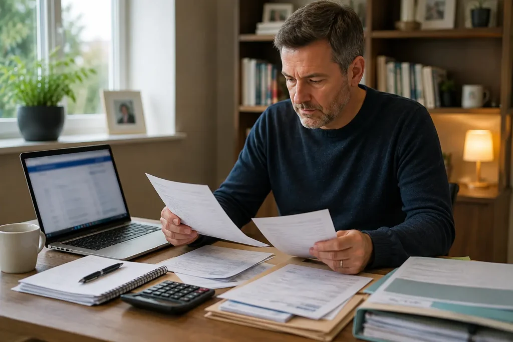 Benefit claimant organising financial records for a routine DWP eligibility review.