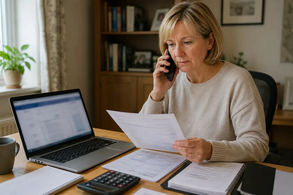 Benefit claimant reviewing financial documents after a routine account check notification.