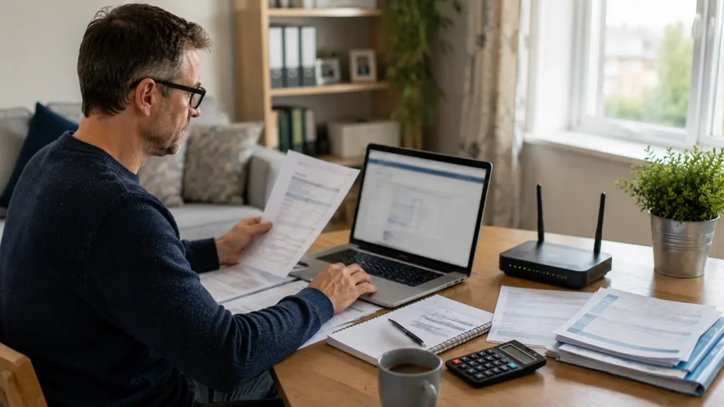 Broadband customer organising account records and monitoring service during provider transfer.