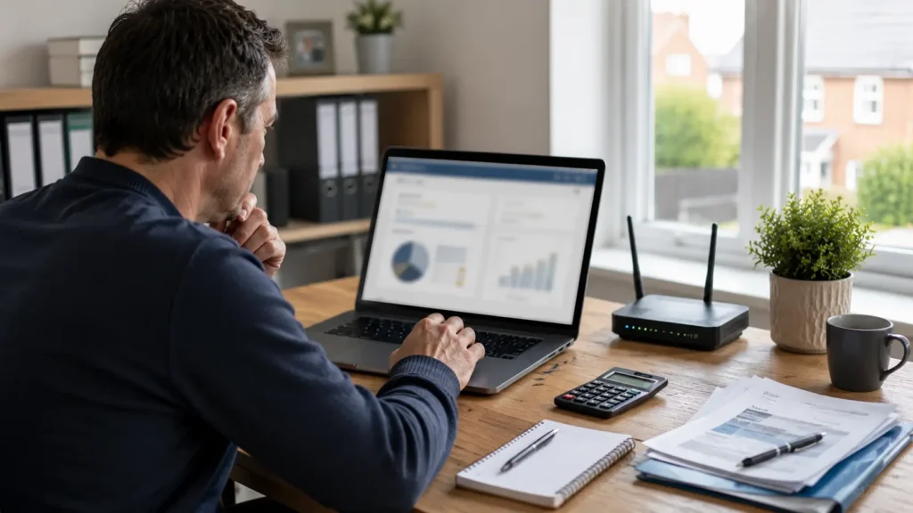 Customer reviewing broadband contract and monthly price information during provider transfer.