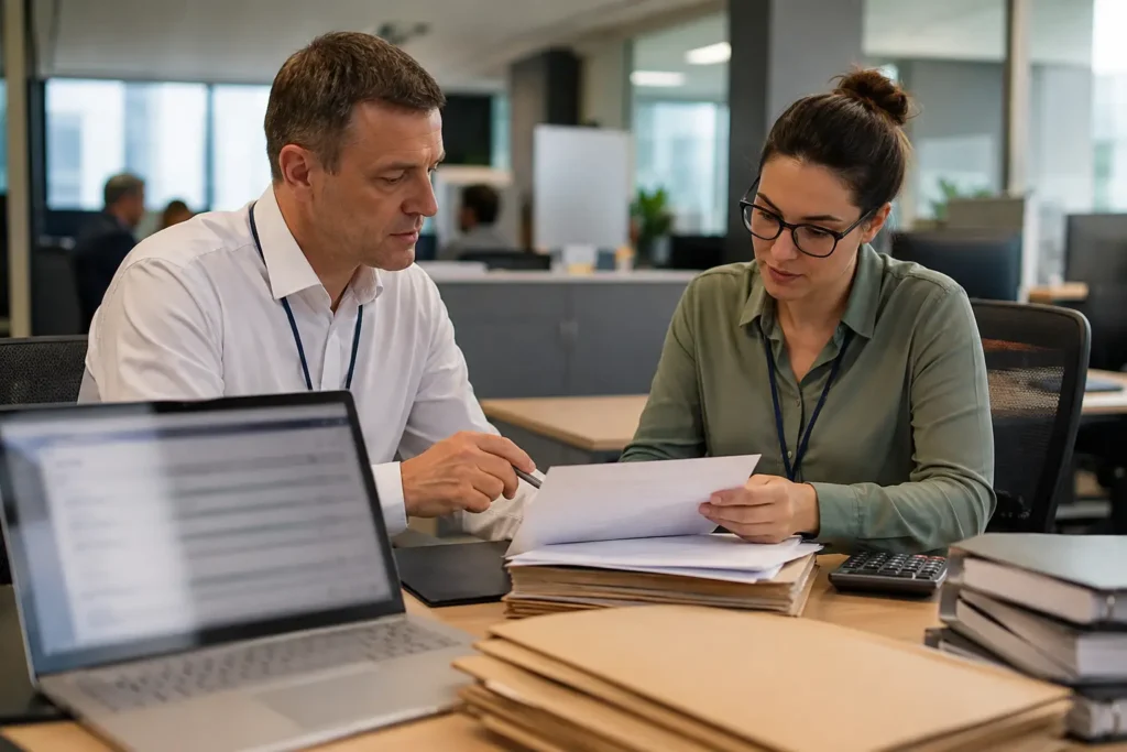 DWP officials reviewing benefit eligibility information during a routine administrative assessment.