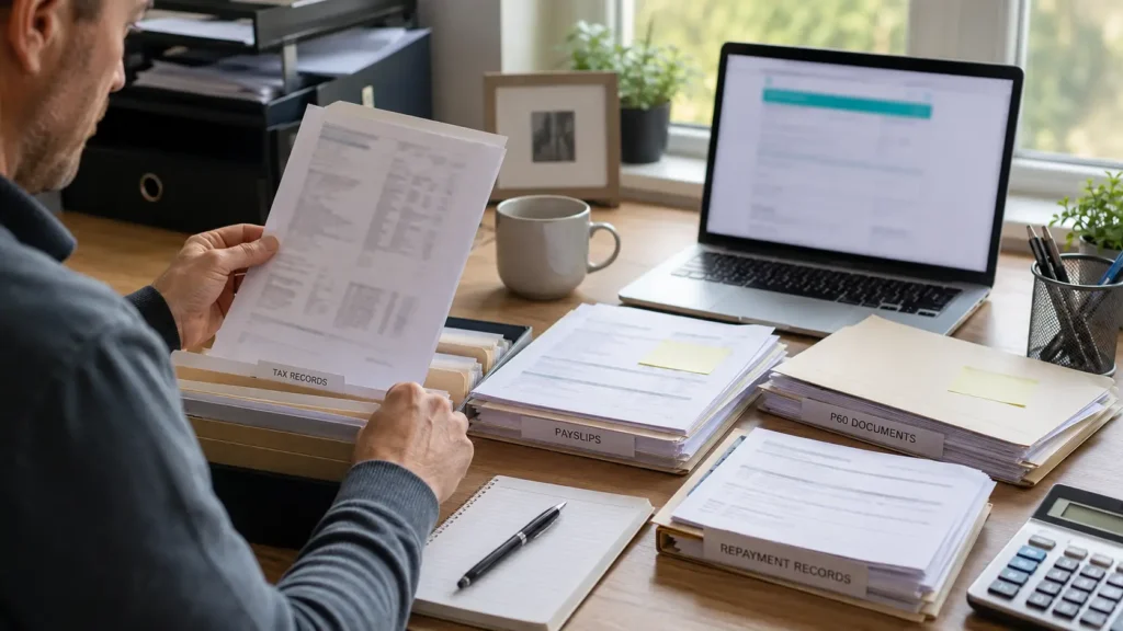 Taxpayer organising tax refund documents and checking official records.