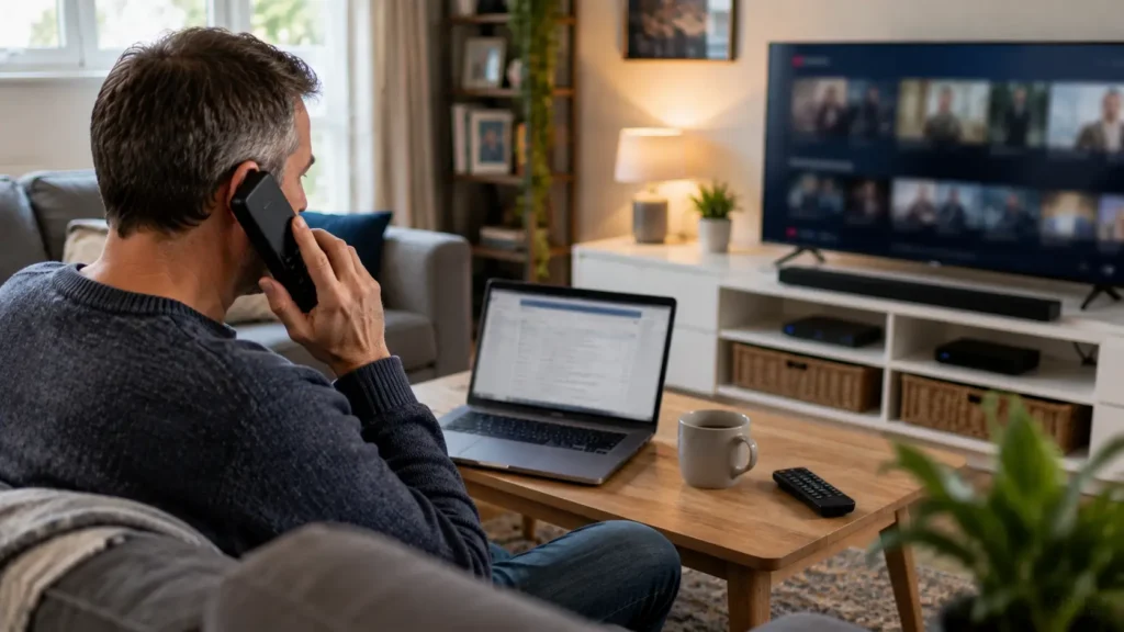 Homeowner checking landline, television and email services after broadband provider transfer.