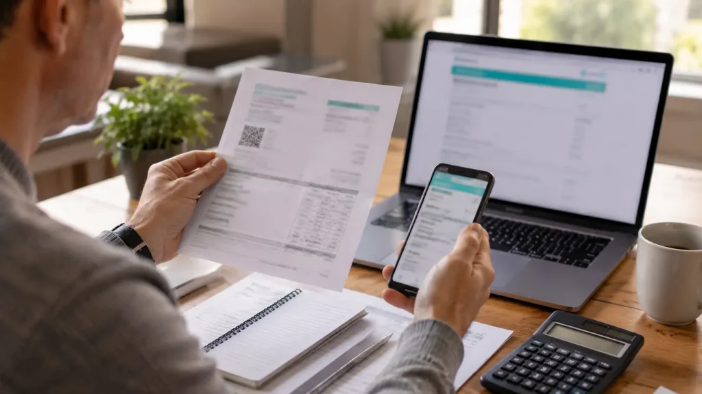 Person verifying whether a tax refund letter is genuine using official online services.