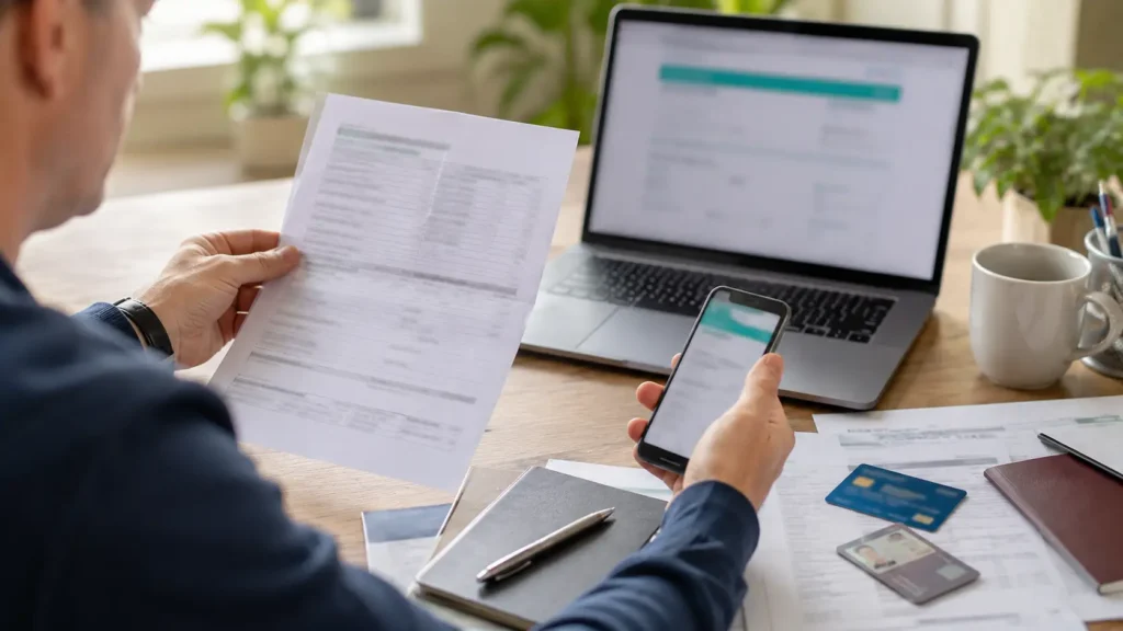 Adult claiming an HMRC tax refund using a laptop and smartphone.