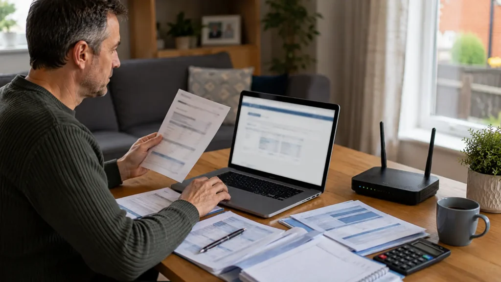 Telecommunications executives discussing customer transfer strategy in a modern office.
