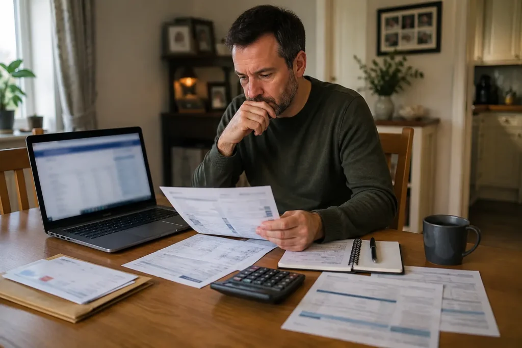 UK benefit claimant reviewing personal finances with blurred banking information on a laptop.