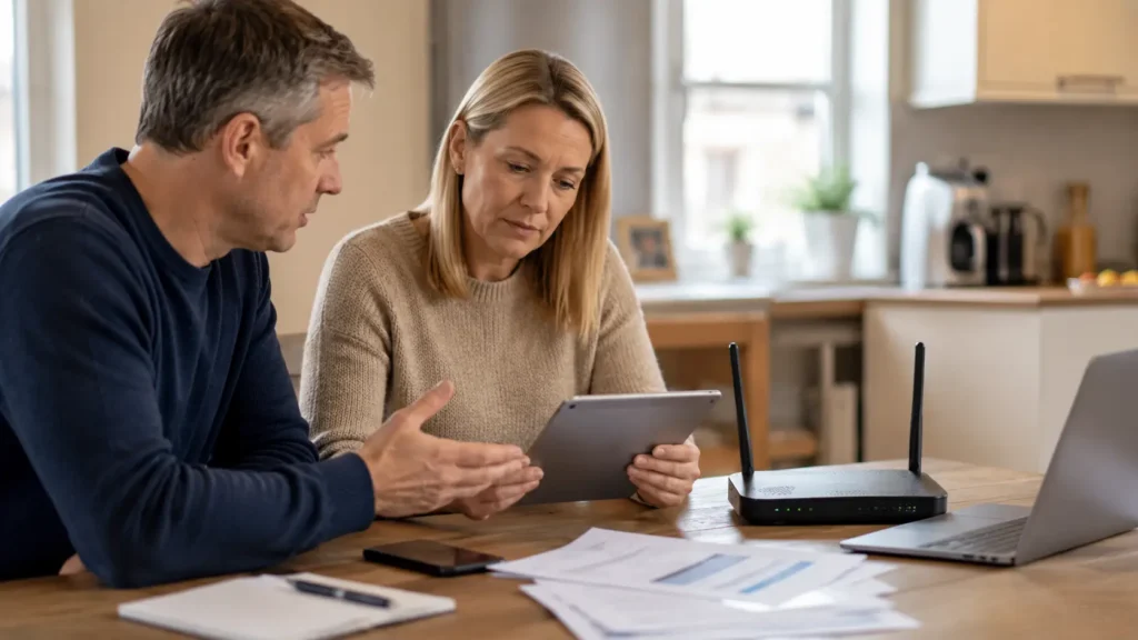 UK broadband customer checking account transfer notification at home.