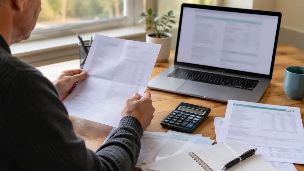 Taxpayer reviewing a tax calculation letter with employment records.
