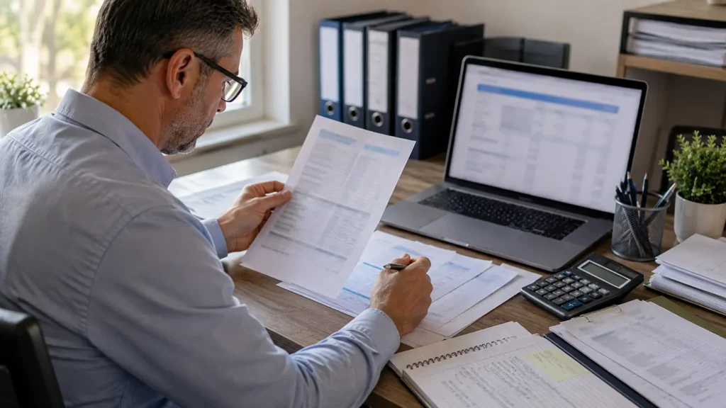 Small-business owner reviewing payroll records and a tax refund calculation.