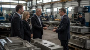 Business acquisition meeting inside an operating Scottish engineering and manufacturing facility